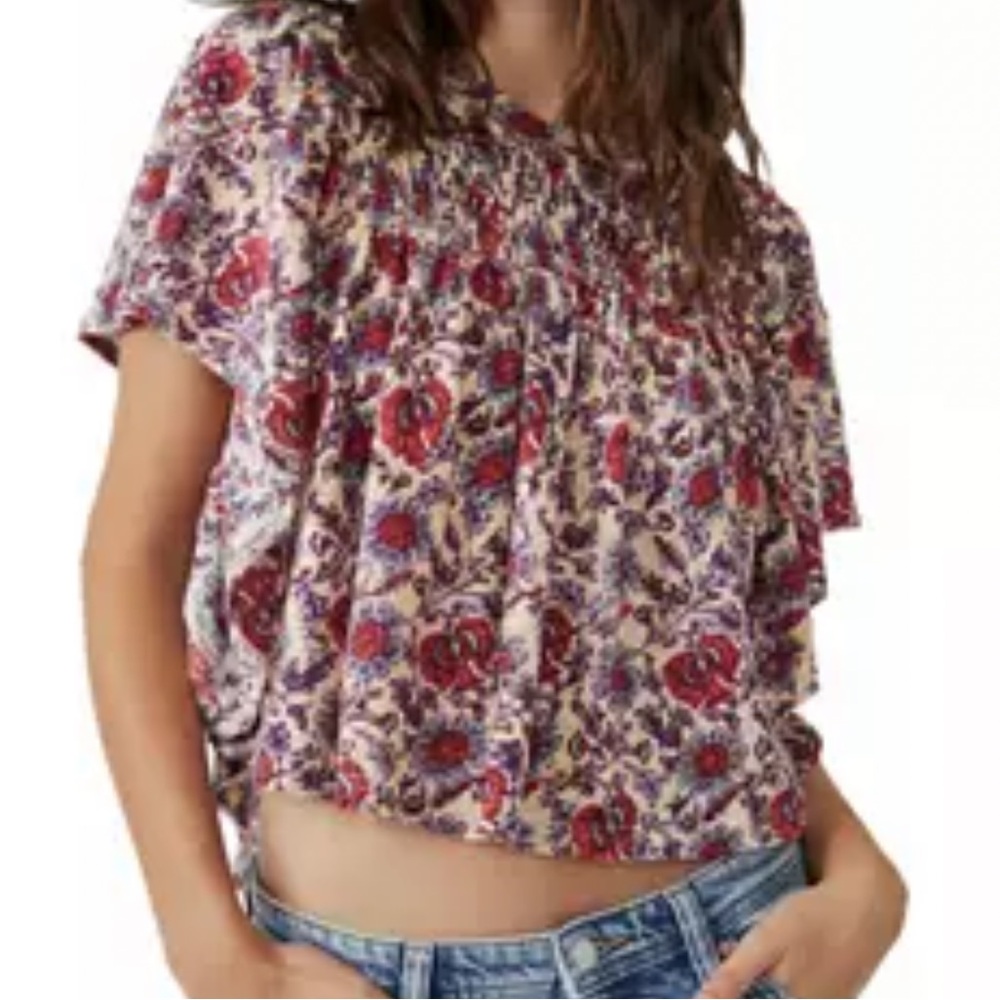 Free People Printed Ruffled Up Top-Peach Floral Combo-Small-Linen Blend-Boho - Picture 2 of 5